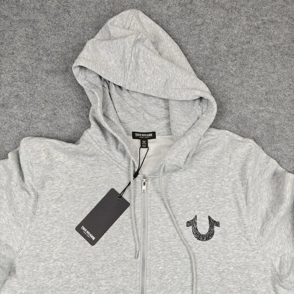 True Religion Hoodie Mens XL Gray‎ Textured TR Full Zip Graphic Logo Fleece